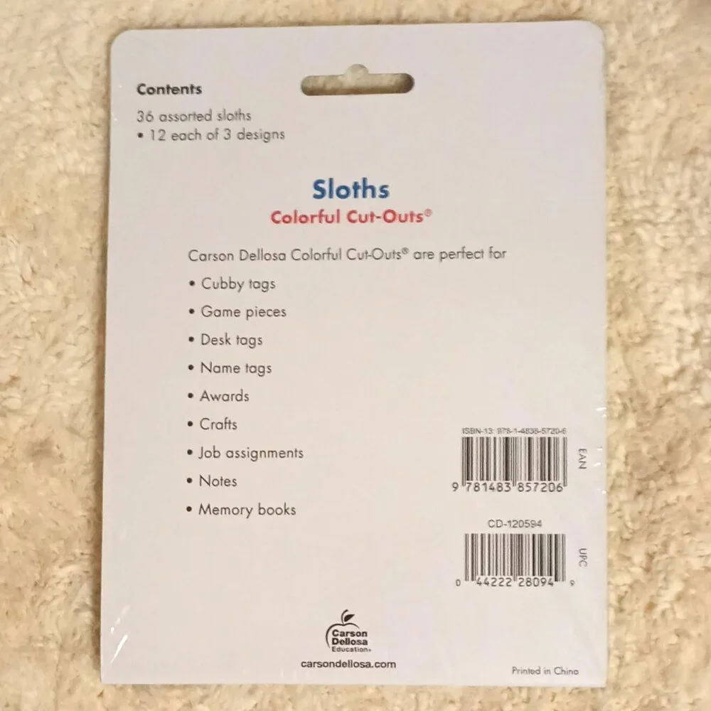 NWT ~ Carson Dellosa One World Sloths Colorful Cut-Outs, 36 pieces